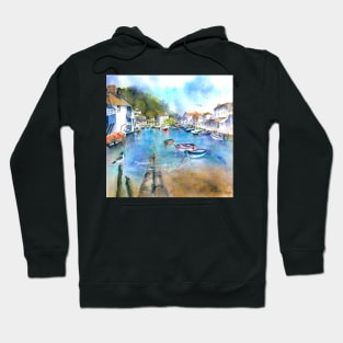 Landscape painting in watercolour of the harbour at Polperro Hoodie